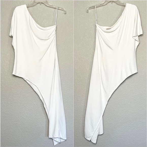 CUSHNIE White One Shoulder Draped Flutter Sleeve Asymmetrical Tunic Blouse 12 - Picture 6 of 10